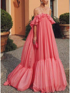 Etui-Linie Abendkleid Elegantes Kleid Formeller Hochzeitsgast Sweep/Pinselzug Kurzarm Schulterfrei Tüll mit Falten Rüschen