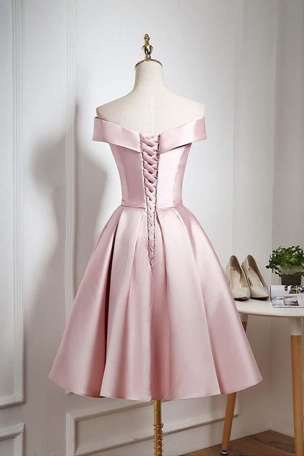 Vestido de fiesta/regreso a casa rosa perla con hombros descubiertos y volante hasta la rodilla