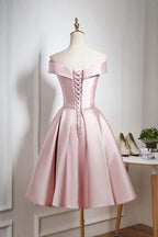 Vestido de fiesta/regreso a casa rosa perla con hombros descubiertos y volante hasta la rodilla