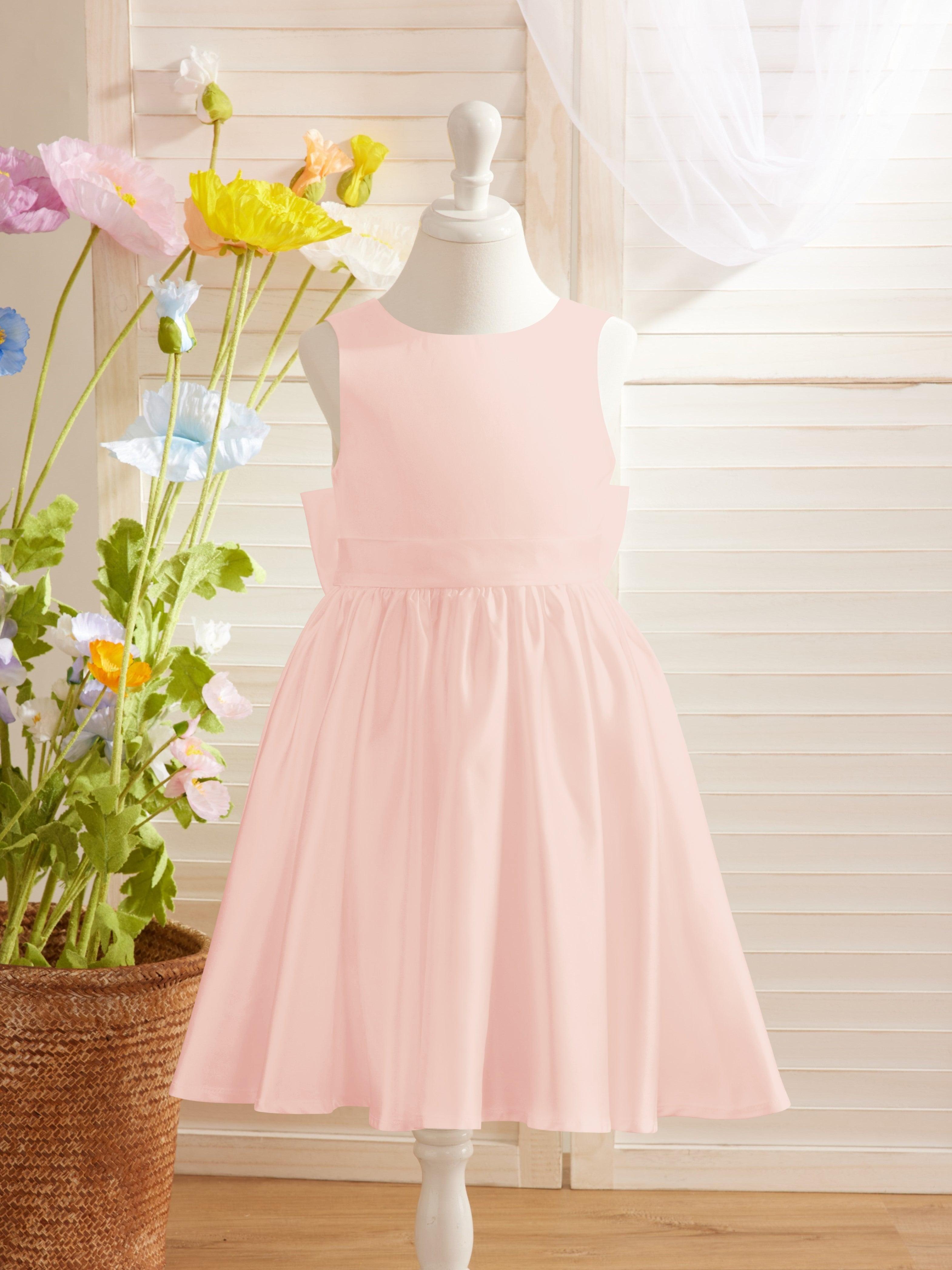 Elegantes A-Linien-Satin-Kleid mit V-Rücken und Schleife, knielang, Blumenmädchenkleid