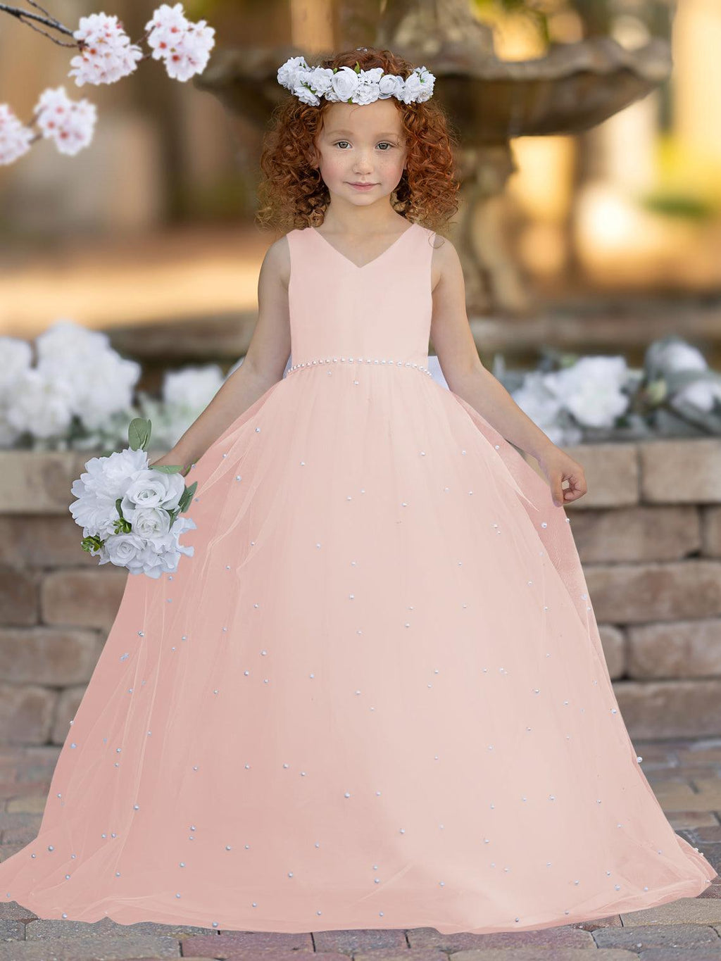 Elegante vestido de princesa de satén y tul para niña de las flores 