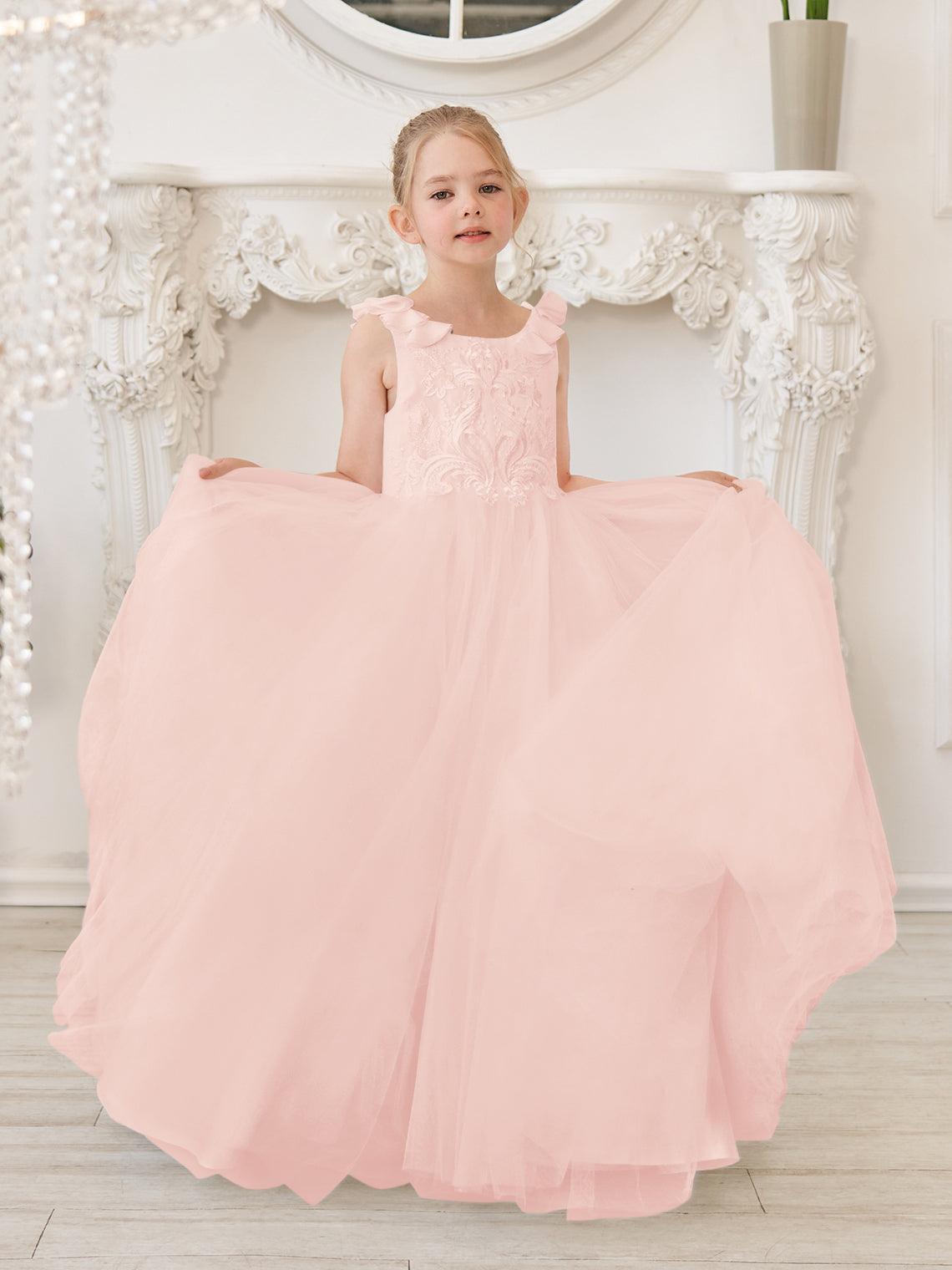 Elegante vestido de niña de las flores de tul blanco con cola larga 