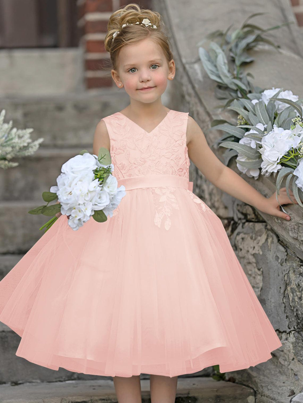 Vestido de niña de las flores sin mangas con encaje de tul hasta la rodilla 