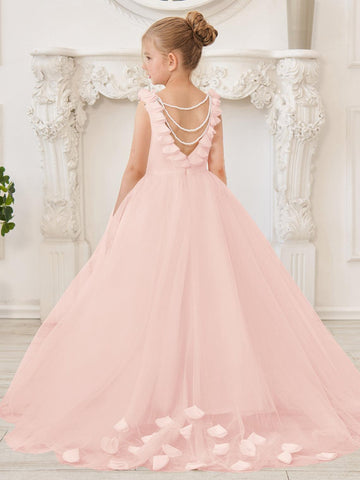 Elegantes weißes Tüllkleid für Blumenmädchen mit Schleppe 
