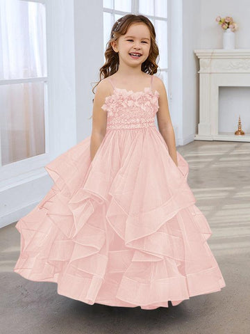 Slate Blue A-Line Princess Sleeveless Tulle Flower Girl Dress