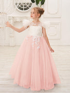 Vestido de niña de las flores con cola larga y tul con encaje desmontable 