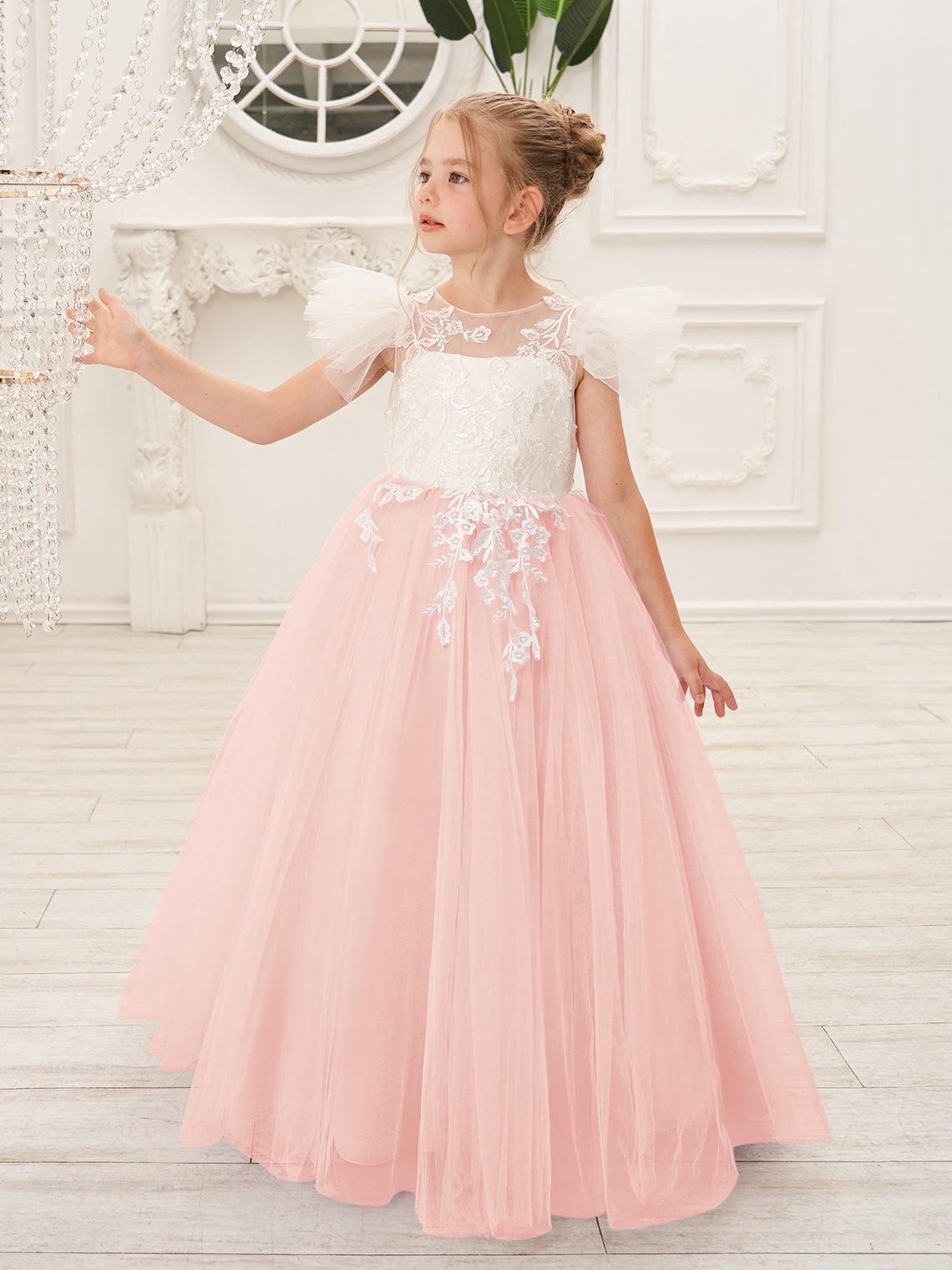 Vestido de niña de las flores con cola larga y tul con encaje desmontable 