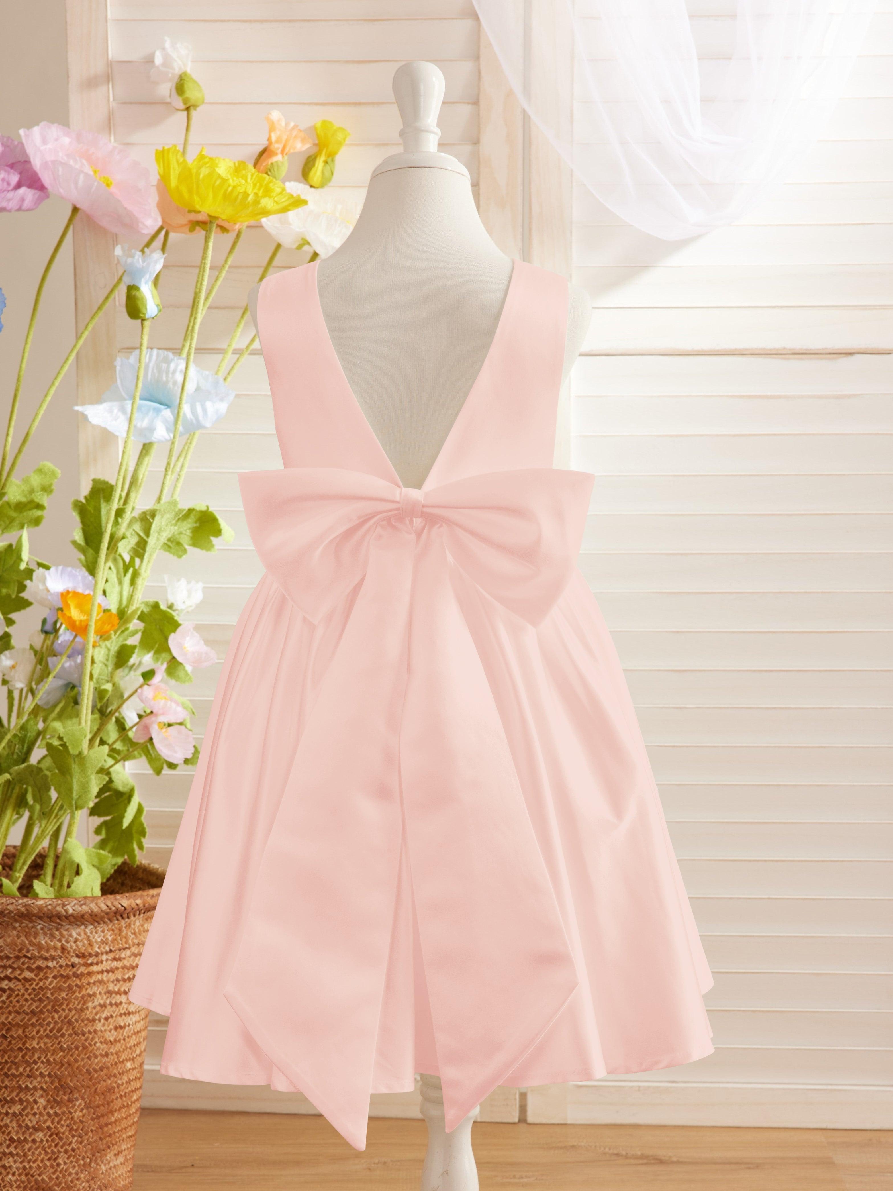 Elegantes A-Linien-Satin-Kleid mit V-Rücken und Schleife, knielang, Blumenmädchenkleid