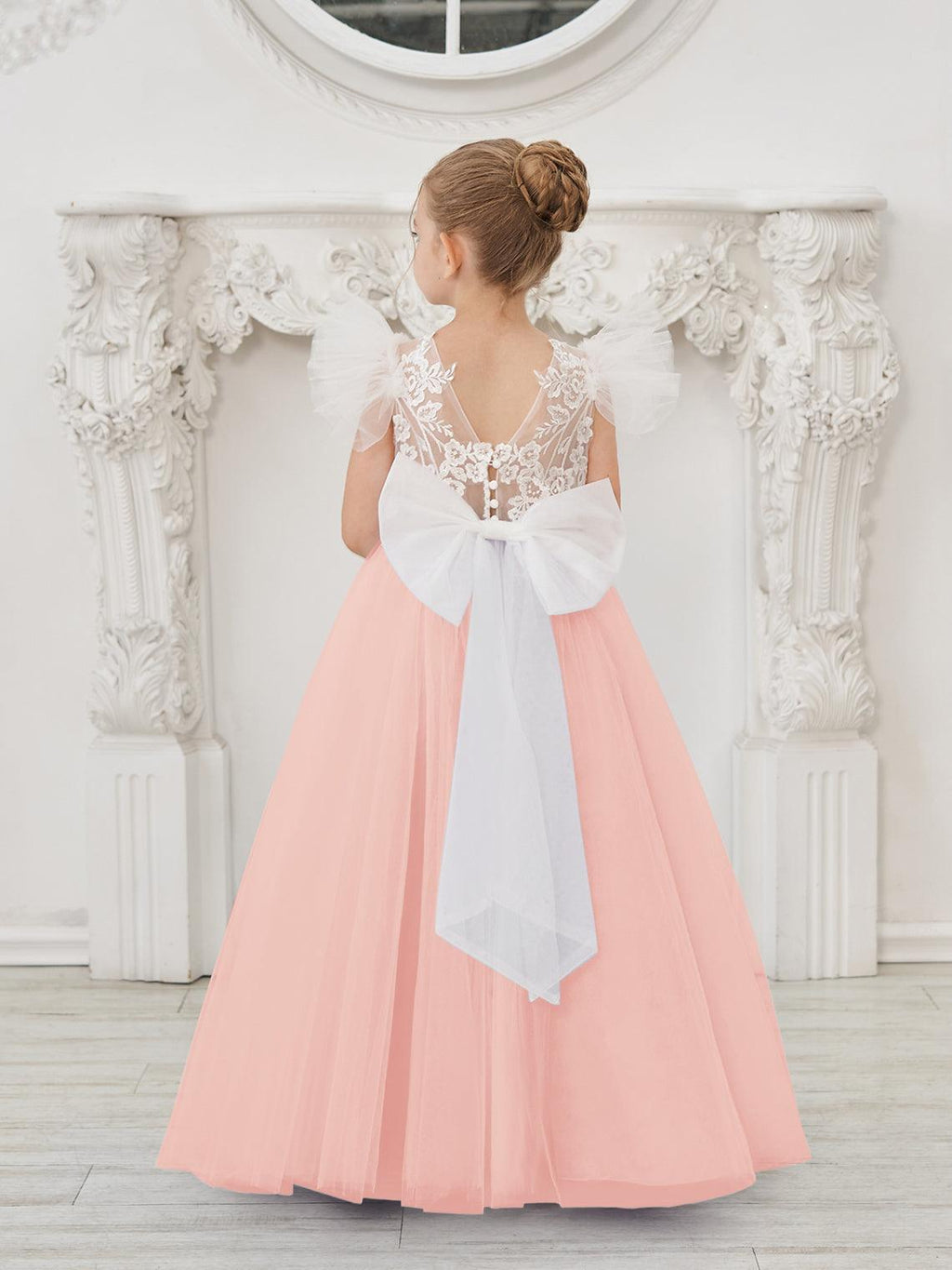 Vestido de niña de las flores con cola larga y tul con encaje desmontable 