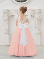 Vestido de niña de las flores con cola larga y tul con encaje desmontable 