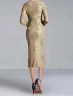 Etui-/Säulen-Cocktailkleider, elegantes Kleid, Party-Kleid, Hochzeitsfeier, knielang, lange Ärmel, Rundhalsausschnitt, Herbst, Hochzeitsgast, Spitze mit Applikationen