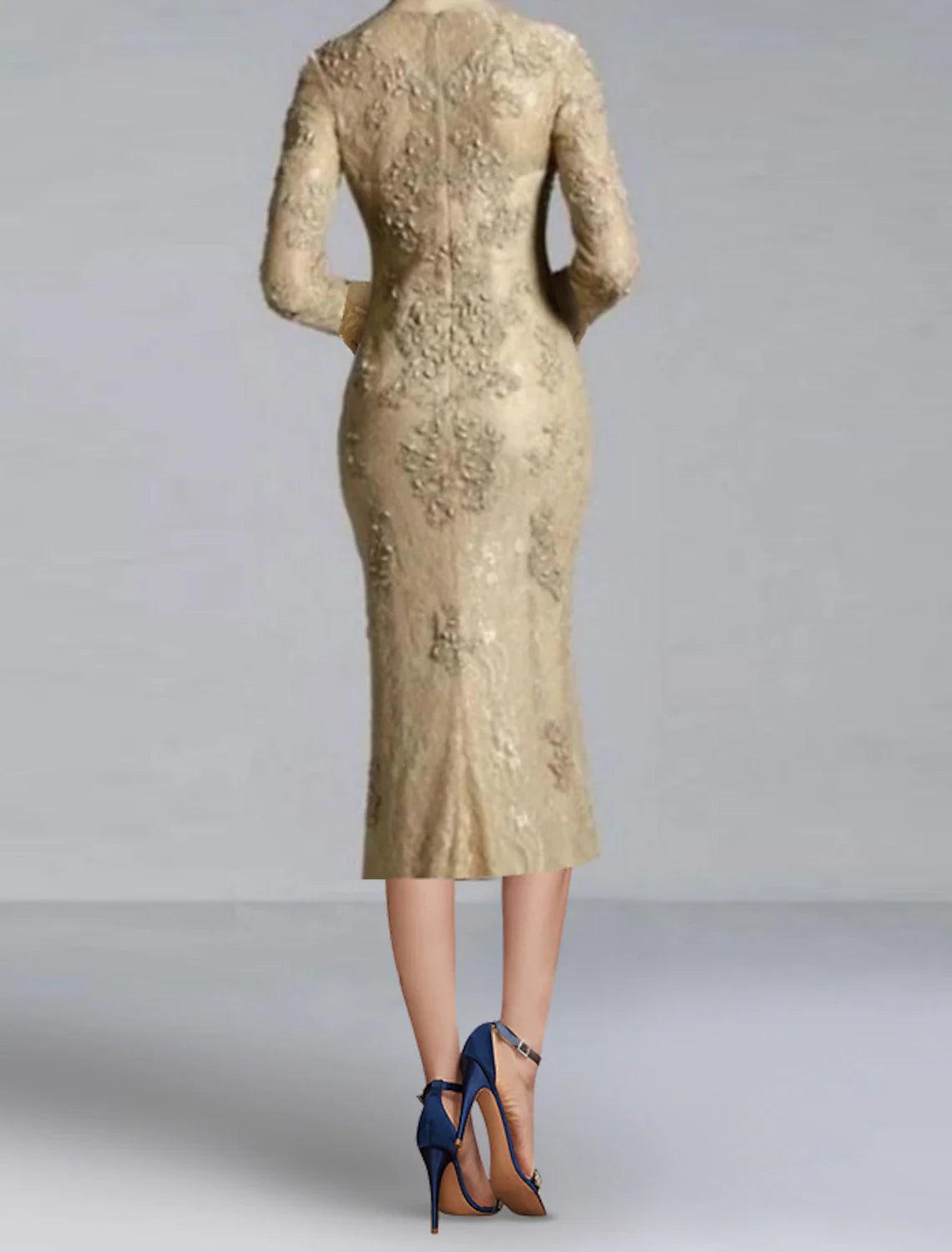 Etui-/Säulen-Cocktailkleider, elegantes Kleid, Party-Kleid, Hochzeitsfeier, knielang, lange Ärmel, Rundhalsausschnitt, Herbst, Hochzeitsgast, Spitze mit Applikationen