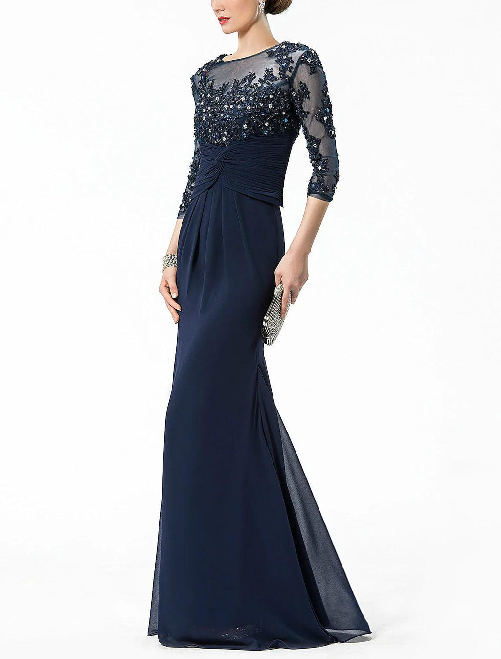 Vestido de noche formal elegante de dos piezas con escote sirena/trompeta y brillo, para invitada de boda, con ilusión, media manga, largo hasta el suelo, de gasa con apliques de cristales.