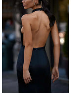 Vestidos de fiesta de corte tubo/columna, elegantes, para graduación, corte en cola, sin mangas, cuello halter, para invitados de boda de otoño, de satén con abertura, color puro