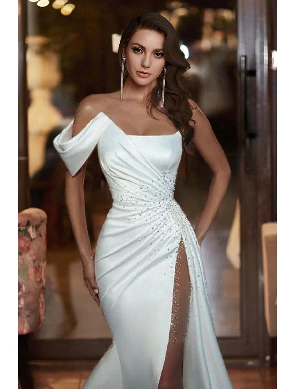 Vestidos de novia formales de sirena/trompeta con hombros descubiertos, sin mangas, cola de corte, vestidos de novia de satén con cuentas