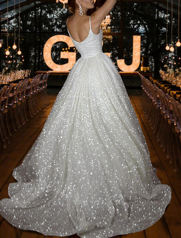 Robes de mariée décontractées Hall Sparkle &amp; Shine A-Line Camisole Col en V Spaghetti Strap Balayage / Brosse Train Paillettes Robes de mariée avec couleur unie Été Automne Fête de mariage