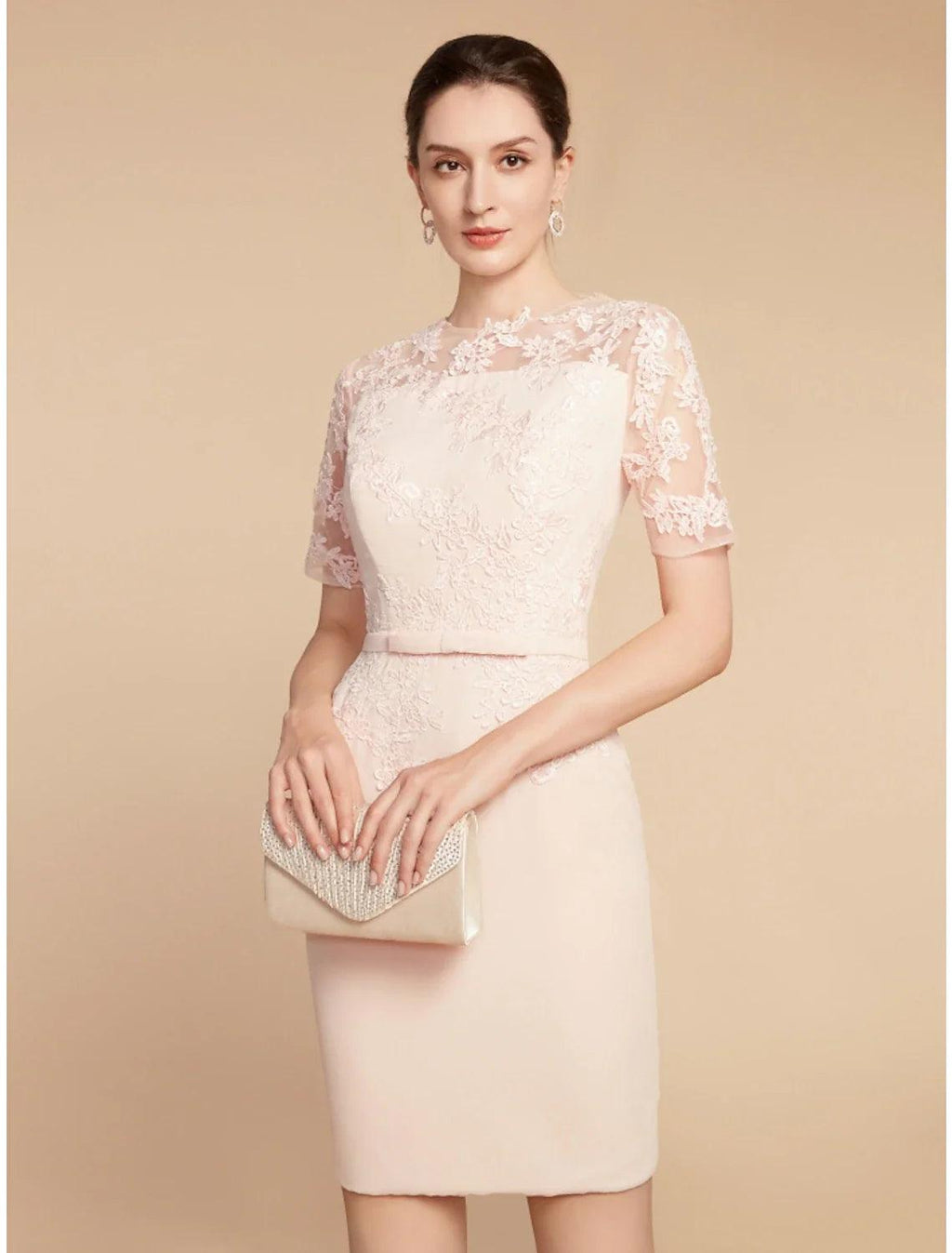 Vestido de dos piezas de corte A para madre de la novia, elegante, estilo invitada de boda, cuello joya, corto/mini, encaje, tejido elástico, manga 3/4 con lazo(s), volantes, color liso