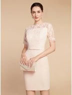 Vestido de dos piezas de corte A para madre de la novia, elegante, estilo invitada de boda, cuello joya, corto/mini, encaje, tejido elástico, manga 3/4 con lazo(s), volantes, color liso
