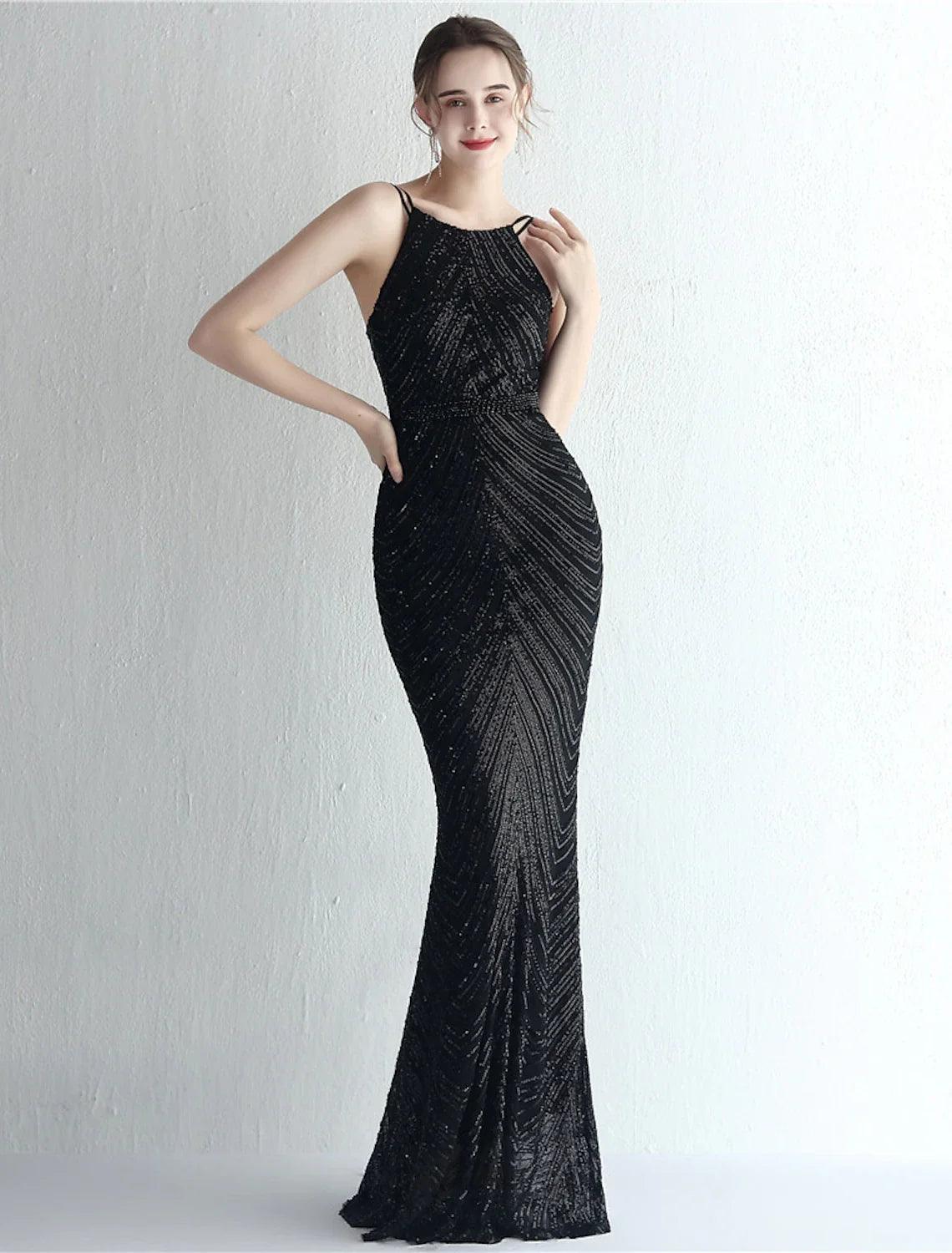 Vestidos de fiesta de sirena/trompeta con brillo y brillo, vestido formal para invitados de boda, largo hasta el suelo, sin mangas, cuello halter, gasa con cuentas y lentejuelas
