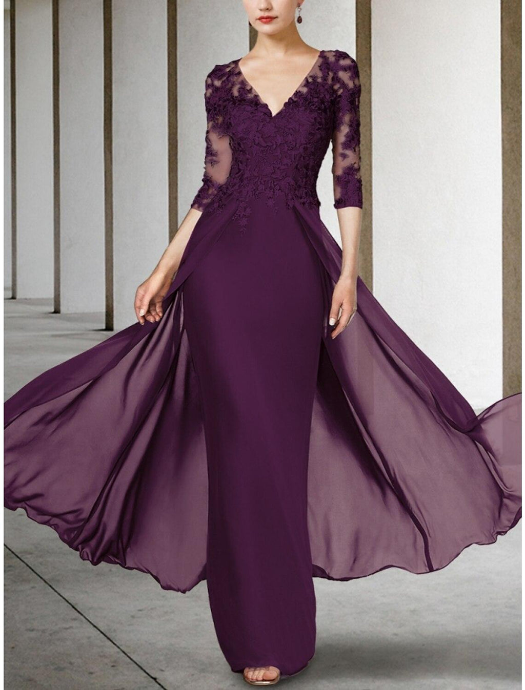 Etui-Linie/Säulenkleid für die Brautmutter, Hochzeitsgast, elegant, V-Ausschnitt, knöchellang, Chiffon, Spitze, halbe Ärmel, mit Rüschen, einfarbig