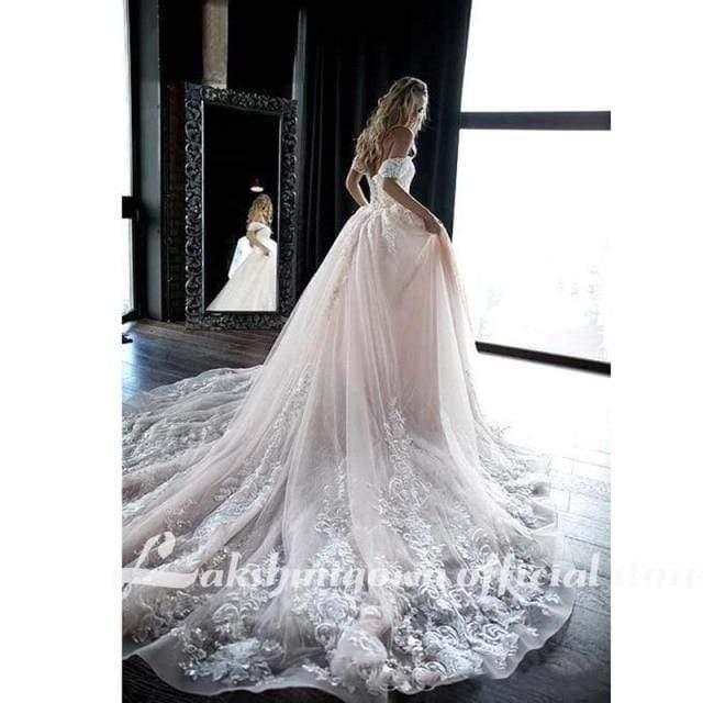 Vestidos de novia de corte A con hombros descubiertos en rosa claro y princesa NumberSea