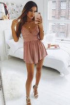 Vestido corto de fiesta de gasa rosa con tirantes finos y encaje PD254