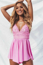 Vestido corto de fiesta de gasa rosa con tirantes finos y encaje PD254