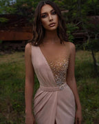 Vestidos de noche rosas con escote en V largo | Vestidos de fiesta con purpurina