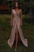 Vestidos de noche rosas con escote en V largo | Vestidos de fiesta con purpurina