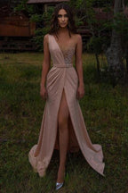 Vestidos de noche rosas con escote en V largo | Vestidos de fiesta con purpurina