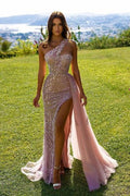 Rosa ärmelloses langes sexy Abendkleid aus Spitze mit Glitzer