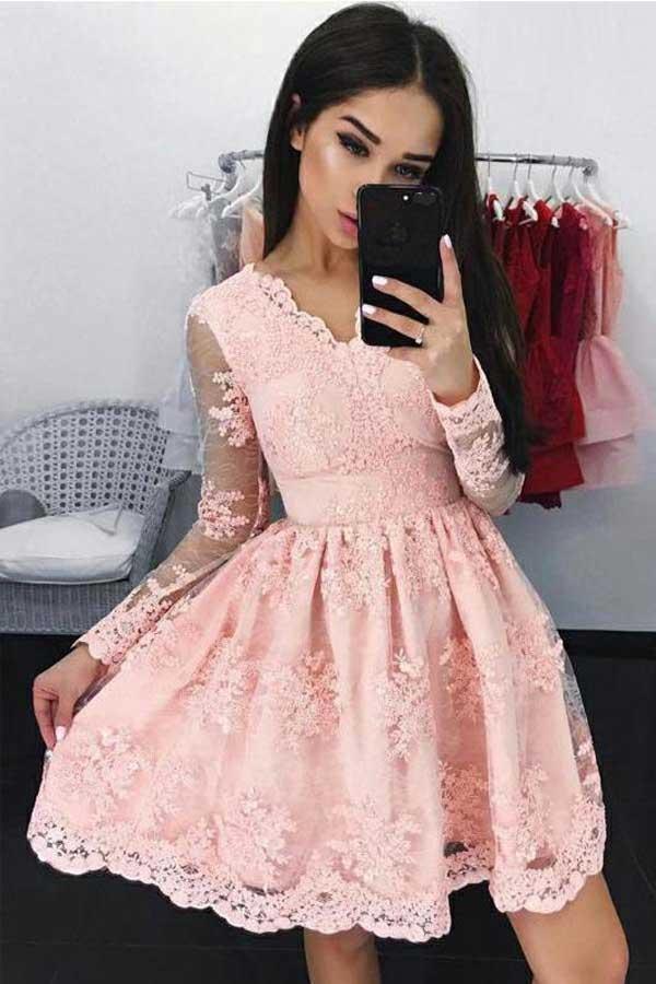 Pink Long Sleeves Lace Short Homecoming/Party Dresses