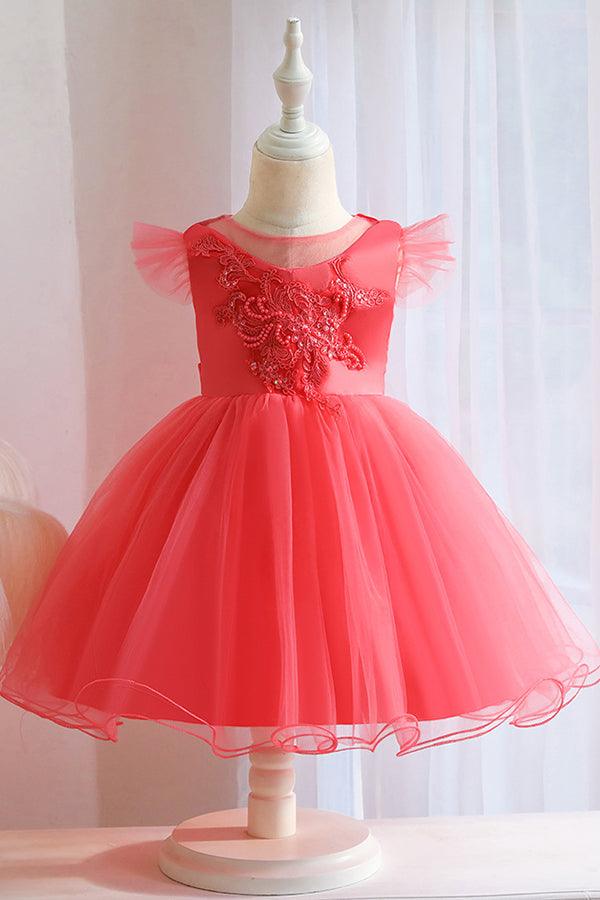 Rosa Kurzes Ballkleid Blumenapplikationen Tüll Blumenmädchenkleider