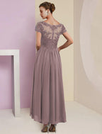 Vestido de dos piezas de corte A para madre de la novia, elegante, de manga corta, con escote en V, largo hasta la rodilla, de gasa y encaje, con apliques plisados.