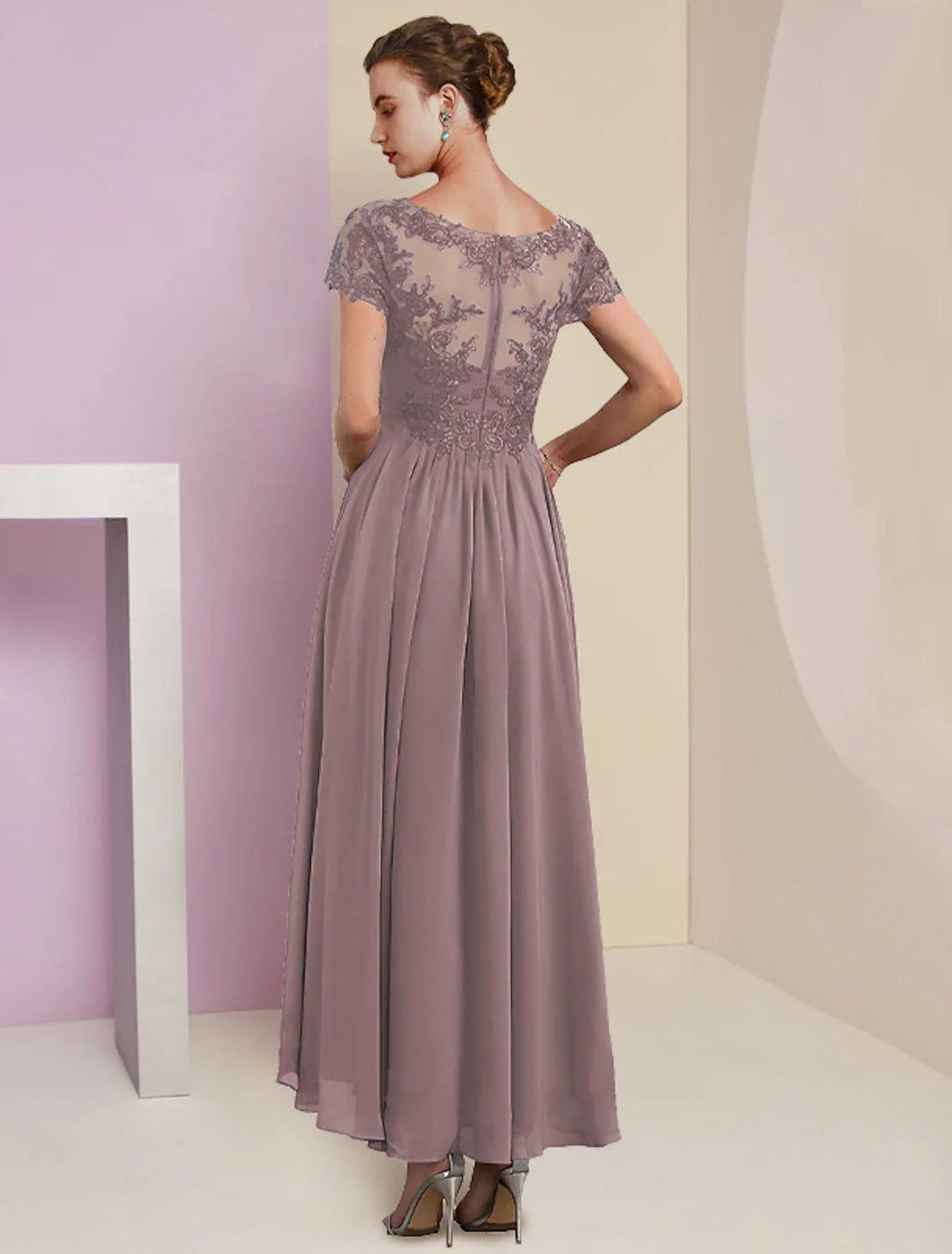 Vestido de dos piezas de corte A para madre de la novia, elegante, de manga corta, con escote en V, largo hasta la rodilla, de gasa y encaje, con apliques plisados.