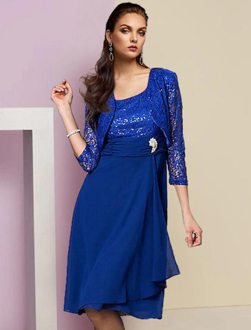 Zweiteiliges Etuikleid/Säulenkleid für die Mutter der Braut, formelle Hochzeitsgäste, elegantes U-Ausschnitt, knielanges Chiffon-Spitzenkleid, ärmelloses Jackenkleid mit Pailletten