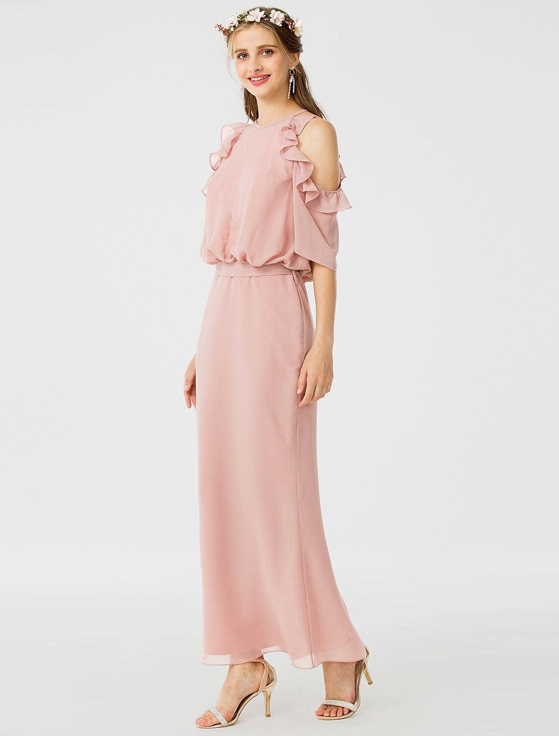 Vestido de dama de honor con corte tubo/columna, escote joya, manga corta, elegante, largo hasta los tobillos, de gasa con faja/cinta/volantes
