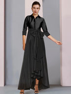 Vestido elegante para madre de la novia, talla grande, cuello camisero alto bajo, asimétrico, largo hasta el suelo, satén, manga 3/4, con faja/cinta, lazo(s), pliegues.