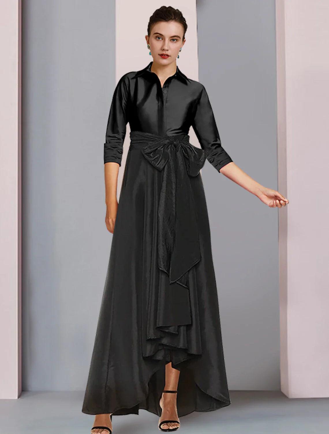 Vestido elegante para madre de la novia, talla grande, cuello camisero alto bajo, asimétrico, largo hasta el suelo, satén, manga 3/4, con faja/cinta, lazo(s), pliegues.