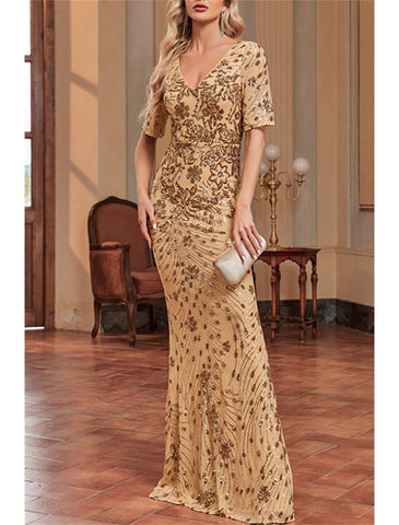 Meerjungfrau/Trompete Kleid für die Brautmutter, Hochzeitsgast, Sparkle &amp; Shine, elegant, V-Ausschnitt, bodenlang, Pailletten, kurze Ärmel, mit Paillettenblume