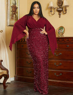 Mermaid / Trumpet Wedding Guest Dresses Plus Size Dress Cocktail Party Black Tie Floor Length Long Sleeve V Neck Fall Wedding Guest Sequined with Glitter Slit