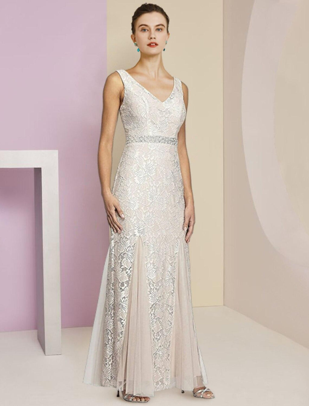 Two Piece A-Line Mother of the Bride Dress Formal Wedding Guest Elegant Winter With Jacket Half Sleeve V Neck Ankle Length Chiffon Lace Pleats Appliques