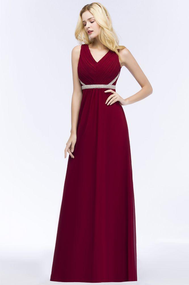 Vestidos de dama de honor de gasa con volantes, sin mangas, escote en V y corte A, talla grande, con faja de cuentas