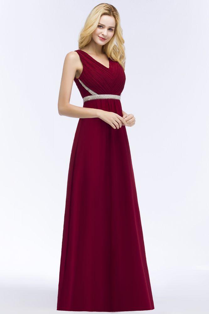 Vestidos de dama de honor de gasa con volantes, sin mangas, escote en V y corte A, talla grande, con faja de cuentas