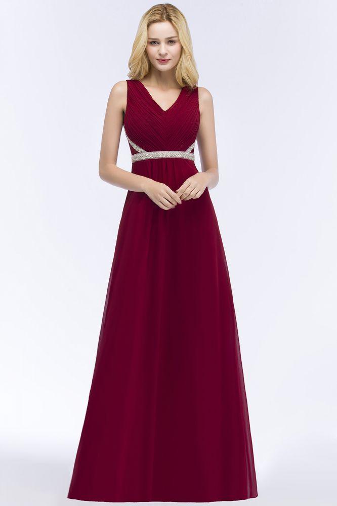 Vestidos de dama de honor de gasa con volantes, sin mangas, escote en V y corte A, talla grande, con faja de cuentas