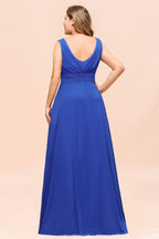 Plus Size Chiffon Sleeveless Royal Blue Bridesmaid  Dress V-neck Simple Wedding Dress