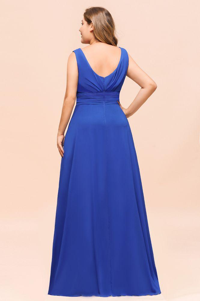 Plus Size Chiffon Sleeveless Royal Blue Bridesmaid  Dress V-neck Simple Wedding Dress