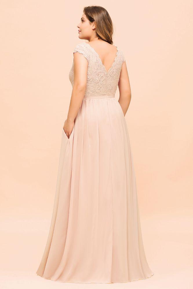 Vestido de dama de honor de talla grande con encaje rosa perla, mangas cortas y abertura lateral, vestido de fiesta de boda