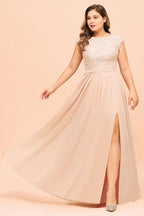 Vestido de dama de honor de talla grande con encaje rosa perla, mangas cortas y abertura lateral, vestido de fiesta de boda