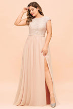 Vestido de dama de honor de talla grande con encaje rosa perla, mangas cortas y abertura lateral, vestido de fiesta de boda